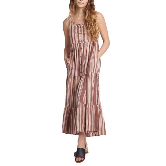 NEW Roxy Wine Stripe Button-Front Breeze on By Sleeveless Dress - Small - Picture 1 of 8